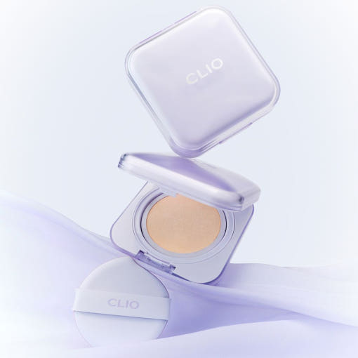 ProtoClinical k-beauty CLIO Kill Cover Mesh Blur Cushion SPF40 PA++ Set 15g+15g(Refill) (5colors) square cushion set packaging in pale blue and white tones on a light background