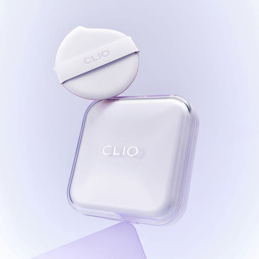 ProtoClinical k-beauty CLIO Kill Cover Mesh Blur Cushion SPF40 PA++ Set 15g+15g(Refill) (5colors) square cushion packaging graphic in pale blue tones on a light background