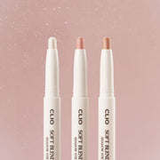 ProtoClinical k-beauty CLIO Soft Blending Shadow Stick 1.4g (9colors) three white shadow stick tips arranged side by side on a pink background with shimmer shades visible