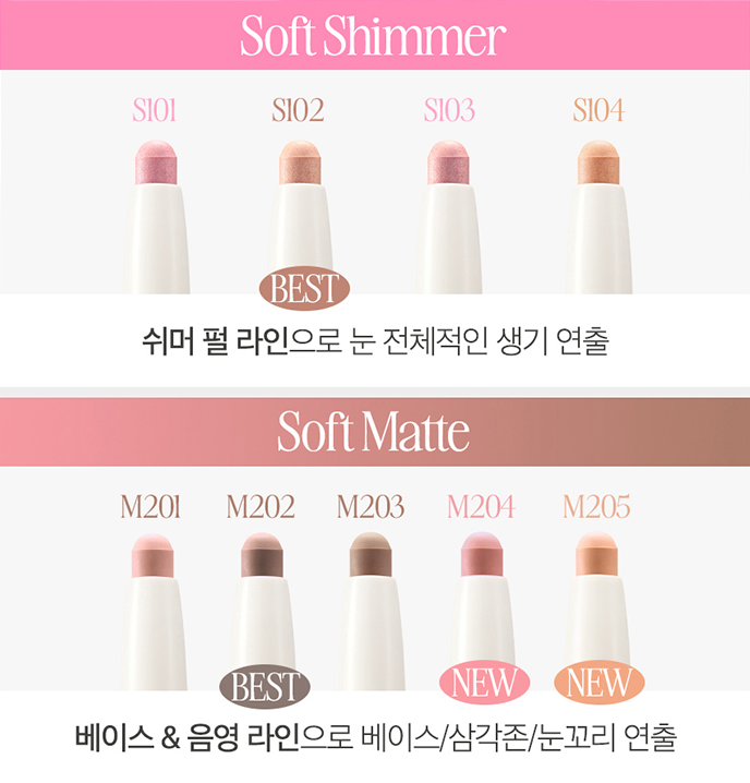 ProtoClinical k-beauty CLIO Soft Blending Shadow Stick 1.4g (9colors) shade chart showing nine shadow stick tips with S101 to M205 labels under pink Soft Shimmer and Soft Matte headers