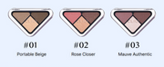 ProtoClinical k-beauty CLIO Essential Shadow Tap 1.5g (5colors) shade lineup graphic with neutral shadow compacts, warm beige and rose tones, and a wide horizontal layout