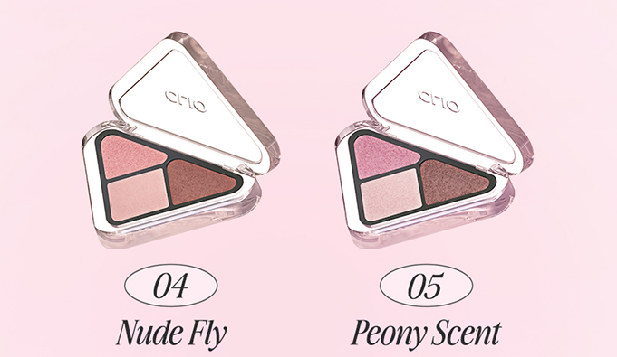 ProtoClinical k-beauty CLIO Essential Shadow Tap 1.5g (5colors) detail graphic with compact eyeshadow pans, shade labels, and a wide comparison layout