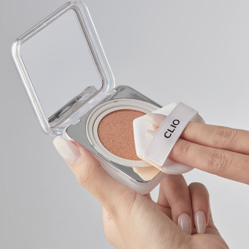 ProtoClinical k-beauty CLIO Kill Cover Founwear Cushion The Original SPF50+ PA+++ Set 15g+15g(Refill) (5colors) square cushion packaging graphic in muted beige and blue tones on a light background