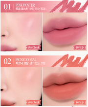 ProtoClinical k-beauty CLIO Butter Balm Crayon + Sharpener Set 3.9g (9colors) shade chart showing Pink Poster and Picnic Coral cheek and lip swatches on a pink graphic panel