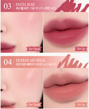 ProtoClinical k-beauty CLIO Butter Balm Crayon + Sharpener Set 3.9g (9colors) shade chart showing Pastel Rose and Modern Art Beige cheek and lip swatches on a pink graphic panel