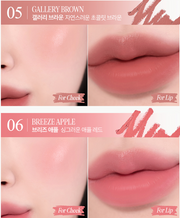 ProtoClinical k-beauty CLIO Butter Balm Crayon + Sharpener Set 3.9g (9colors) shade chart showing Gallery Brown and Breeze Apple cheek and lip swatches on a pink graphic panel