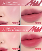 ProtoClinical k-beauty CLIO Butter Balm Crayon + Sharpener Set 3.9g (9colors) shade chart showing Mauve Shade and Pop Art Berry cheek and lip swatches on a pink graphic panel