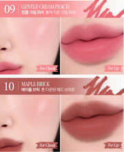 ProtoClinical k-beauty CLIO Butter Balm Crayon + Sharpener Set 3.9g (9colors) shade chart showing Gentle Cream Peach and Maple Brick cheek and lip swatches on a pink graphic panel