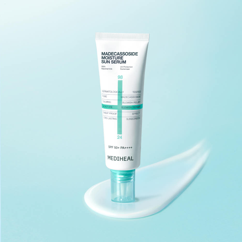 ProtoClinical k-beauty MEDIHEAL Madecassoside Moisture Sun Serum SPF50+ PA++++ 50ml sun serum packaging shown in a centered square packshot.