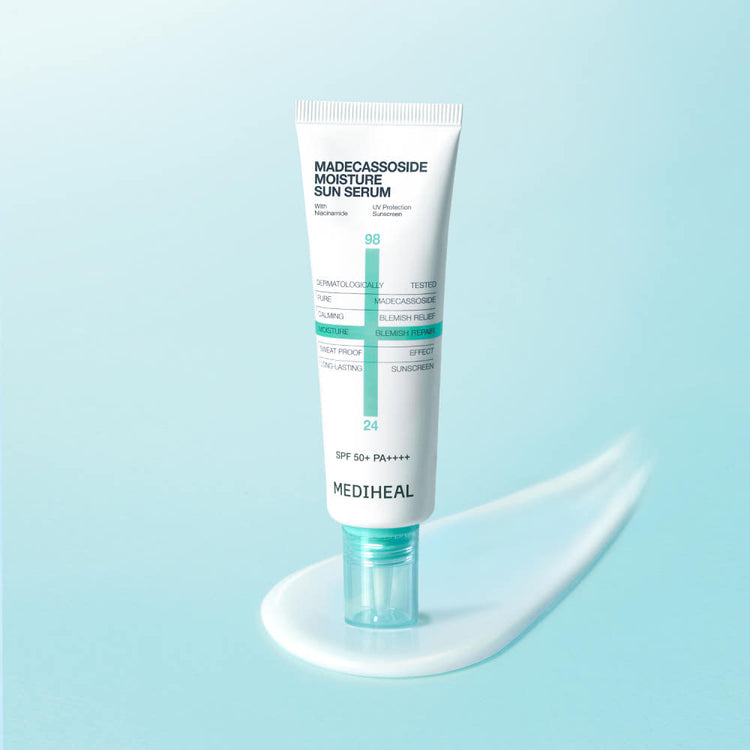 ProtoClinical k-beauty MEDIHEAL Madecassoside Moisture Sun Serum SPF50+ PA++++ 50ml sun serum packaging shown in a centered square packshot.