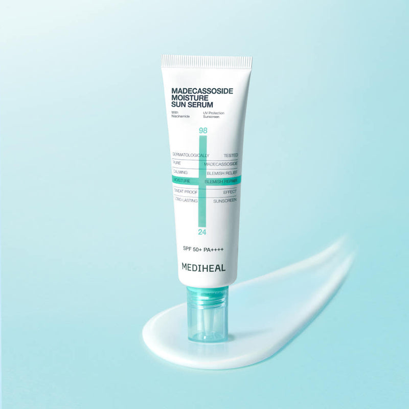 ProtoClinical k-beauty MEDIHEAL Madecassoside Moisture Sun Serum SPF50+ PA++++ 50ml sun serum packaging shown in a centered square packshot.