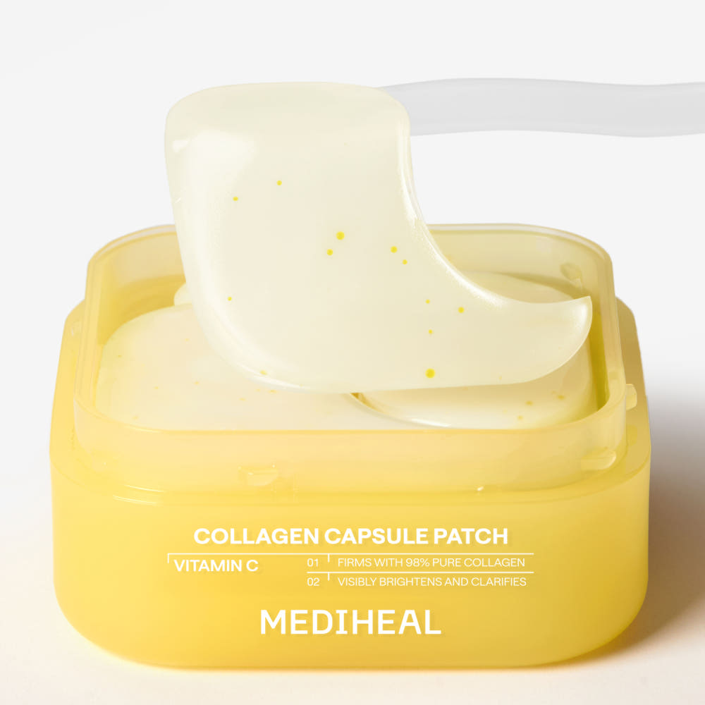 ProtoClinical k-beauty MEDIHEAL: Collagen Capsule Patch Vitamin C 103g/ (60Units) single bright yellow eye patch package centered with pale blue side accents on a light background