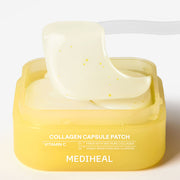 ProtoClinical k-beauty MEDIHEAL: Collagen Capsule Patch Vitamin C 103g/ (60Units) single bright yellow eye patch package centered with pale blue side accents on a light background