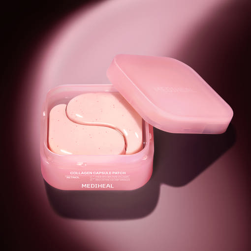 ProtoClinical k-beauty MEDIHEAL Collagen Capsule Patch Retinol 103g/60ea single pink eye patch package centered with dark plum side shading on a pale background
