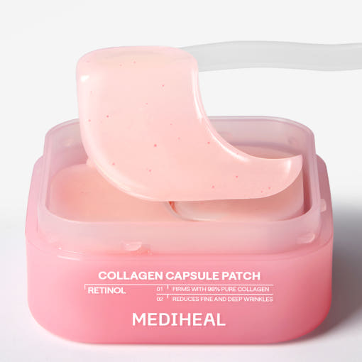 ProtoClinical k-beauty MEDIHEAL Collagen Capsule Patch Retinol 103g/60ea single pink eye patch package centered with pale blue side accents on a light background