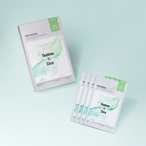 ProtoClinical k-beauty MEDIHEAL Derma Synergy Wrapping Mask Calming Care (Tea Tree X Cica) 25ml X 14ea single pale green face mask pouch centered upright on a mint background