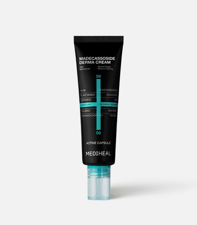 ProtoClinical k-beauty MEDIHEAL Madecassoside Derma Cream 50ml single upright cream tube centered on a white background with soft gray side shading