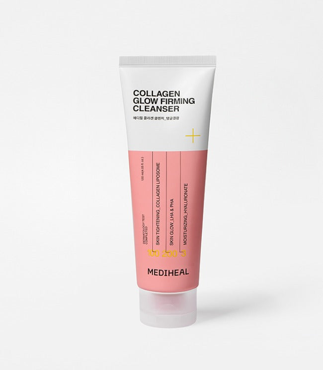 MEDIHEAL Collagen Glow Firming Cleanser 120ml by ProtoClinical shown in a front-facing cleanser tube on a clean white background, highlighting the pink-accented packaging for a k-beauty skincare routine.