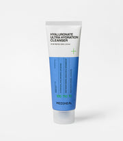 MEDIHEAL Hyaluronate Ultra Hydration Cleanser 120ml by ProtoClinical shown in a front-facing cleanser tube on a clean white background, highlighting the blue-accented packaging for a k-beauty skincare routine.