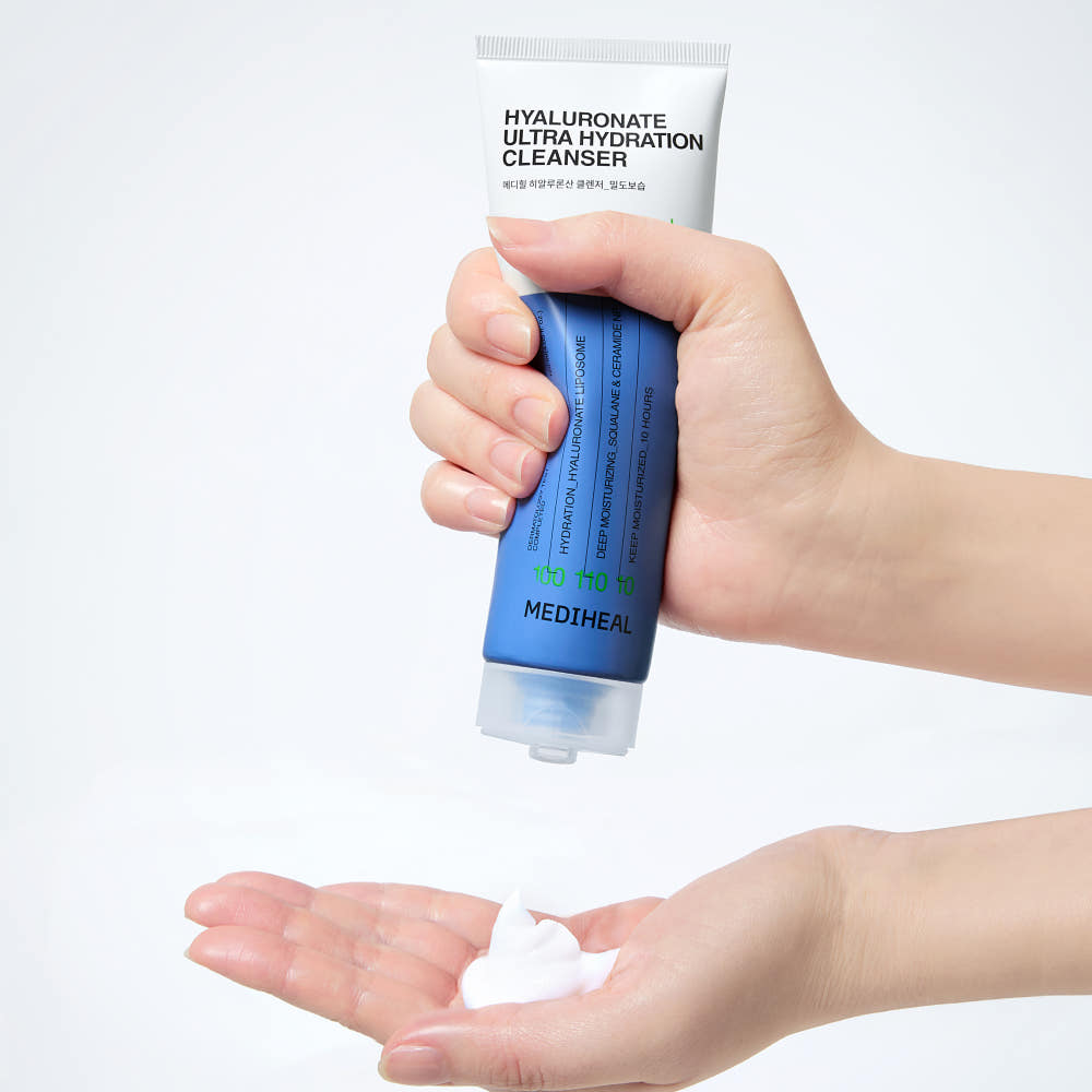 MEDIHEAL Hyaluronate Ultra Hydration Cleanser 120ml by ProtoClinical presented in a square product image with the cleanser tube and blue hydration branding on a light background for a k-beauty skincare routine.
