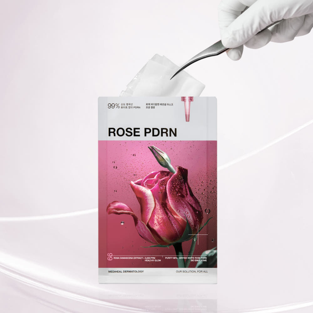 ProtoClinical k-beauty MEDIHEAL Rose PDRN Essential Mask Healthy Glow 24ml X 10ea single rose-pink sheet mask packet with tweezers lifting the translucent mask on a clean light background