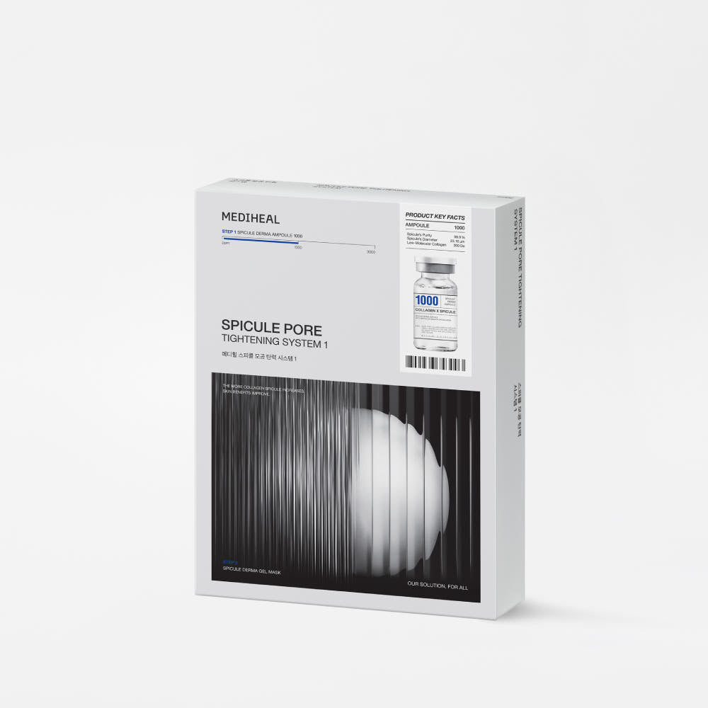 ProtoClinical k-beauty MEDIHEAL Spicule Pore Tightening System 1 (Ampoule 2ml & Collagen 29g) Gel Mask 10ea single gray gel mask pouch centered upright on a pale background