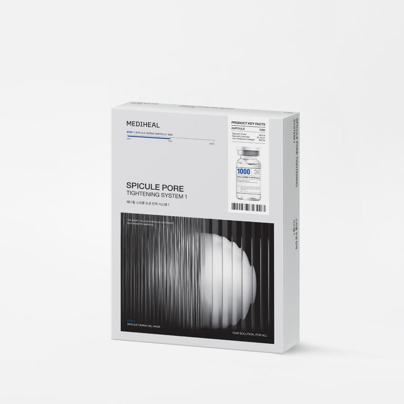 ProtoClinical k-beauty MEDIHEAL Spicule Pore Tightening System 1 (Ampoule 2ml & Collagen 29g) Gel Mask 10ea single gray gel mask pouch centered upright on a pale background