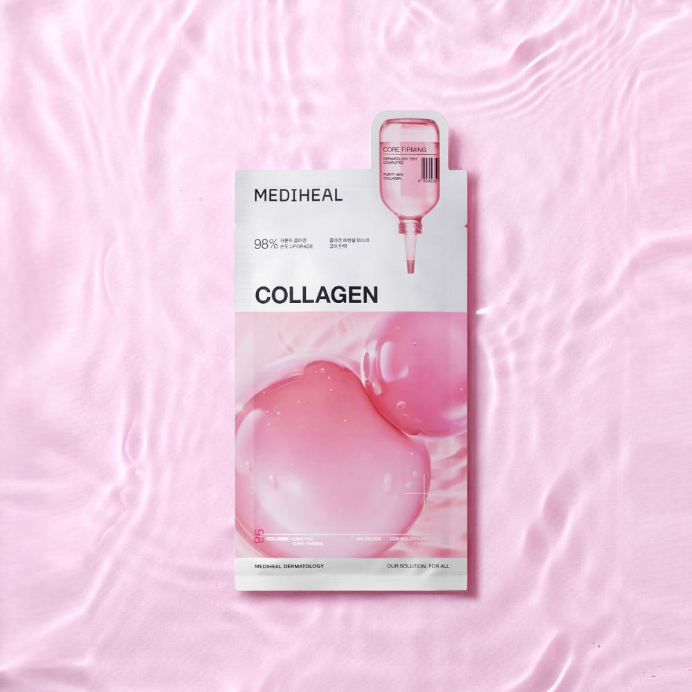 ProtoClinical k-beauty MEDIHEAL Collagen Essential Mask Sheet Core Firming 10P single pink sheet mask packet laid flat on a rippled pink water background with glossy collagen bubble graphics