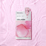 ProtoClinical k-beauty MEDIHEAL Collagen Essential Mask Sheet Core Firming 10P single pink sheet mask packet laid flat on a rippled pink water background with glossy collagen bubble graphics