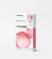 ProtoClinical k-beauty MEDIHEAL Collagen Essential Mask Sheet Core Firming 10P upright white and pink box packaging with glossy pink collagen spheres on a light gray background