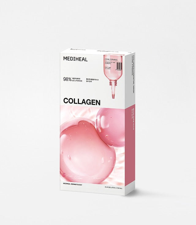 ProtoClinical k-beauty MEDIHEAL Collagen Essential Mask Sheet Core Firming 10P upright white and pink box packaging with glossy pink collagen spheres on a light gray background