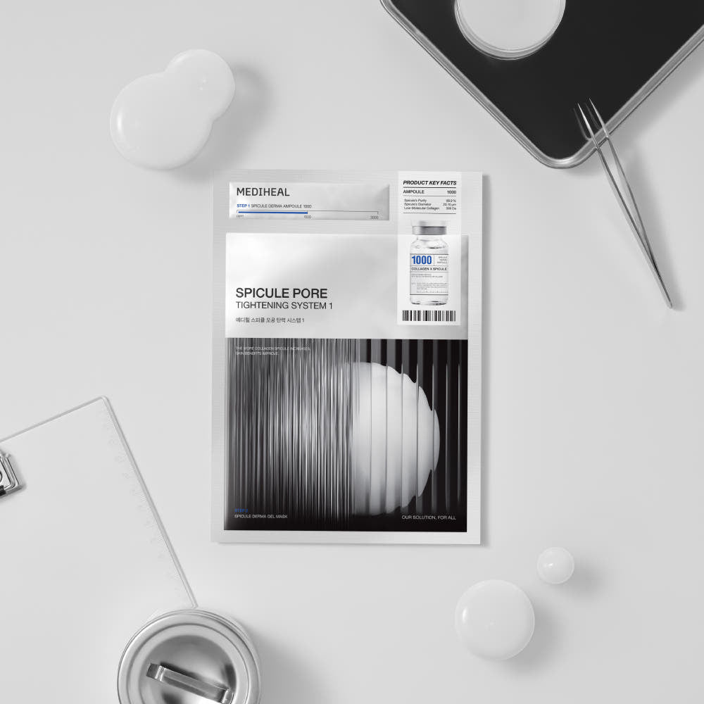 ProtoClinical k-beauty MEDIHEAL Spicule Pore Tightening System 1 (Ampoule 2ml & Collagen 29g) Gel Mask 10ea single gray gel mask pouch centered upright on a pale background
