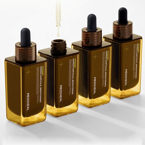 ProtoClinical k-beauty MEDIHEAL Vitamin Derma Ampoule Brightening 50ml multiple brown ampoule packages side by side on a pale blue and white background