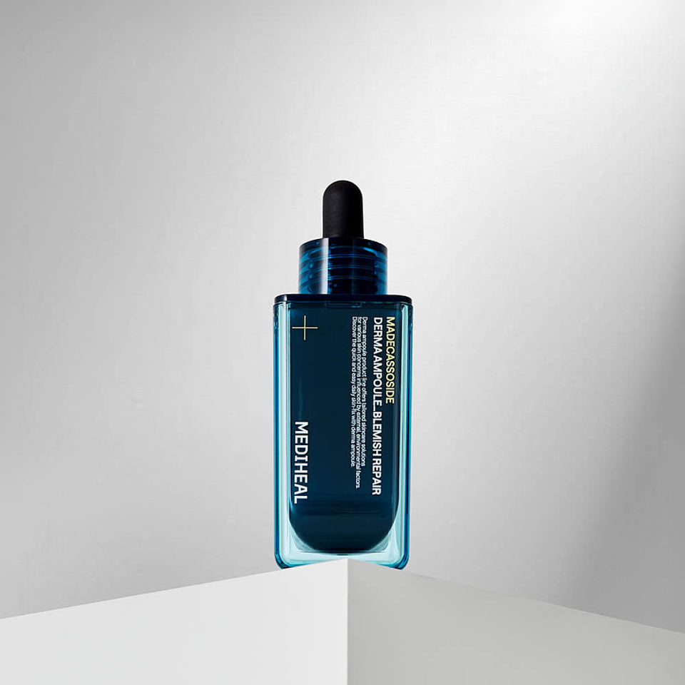 ProtoClinical k-beauty MEDIHEAL Madecassoside Derma Ampoule Blemish Repair 50ml single cool gray product package centered in a square frame on a soft light background