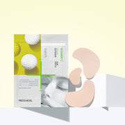 ProtoClinical k-beauty MEDIHEAL Vitamin C UV Cut Outdoor Sun Patch [Triple Protection] 4P single upright sun patch packet with an olive-yellow center on a pale yellow and lavender background