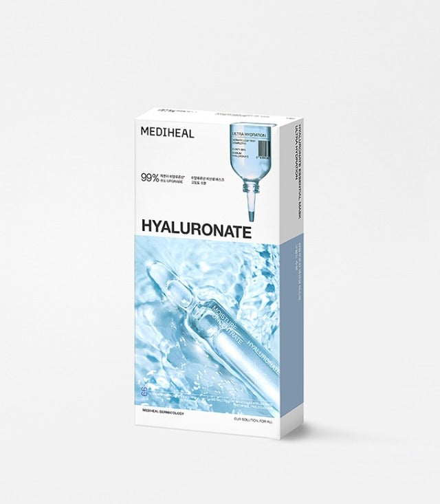 ProtoClinical k-beauty MEDIHEAL Essential Mask Hyaluronate 24ml X 10ea single blue mask pouch centered upright on a pale background