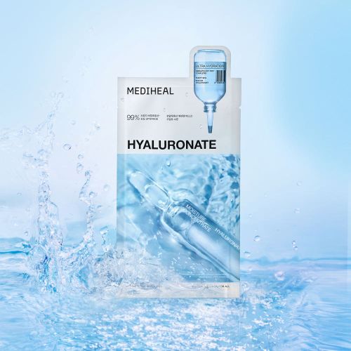 ProtoClinical k-beauty MEDIHEAL Essential Mask Hyaluronate 24ml X 10ea single blue mask pouch centered upright on a pale blue background