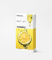 ProtoClinical k-beauty MEDIHEAL Vitamin C Essential Mask Clear Toning 24ml X 10ea single yellow mask pouch centered upright on a pale background