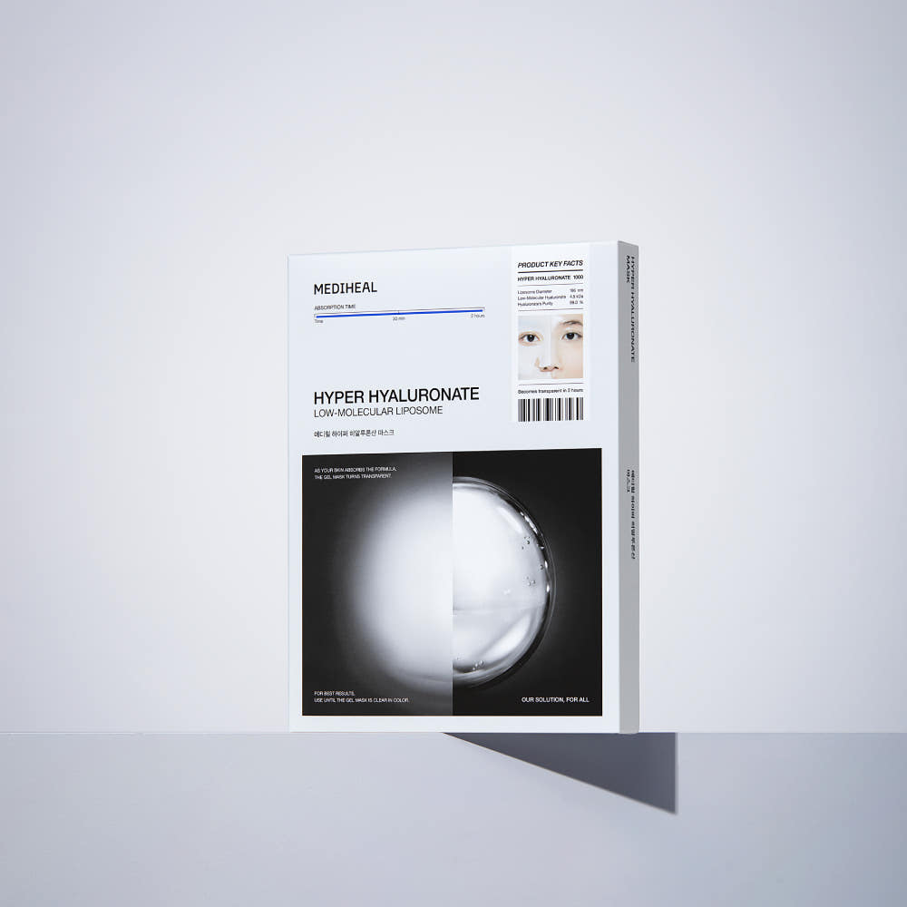 ProtoClinical k-beauty MEDIHEAL Hyper Hyaluronate Gel Mask 34g X 10ea single silver gray gel mask pouch centered upright on a pale background