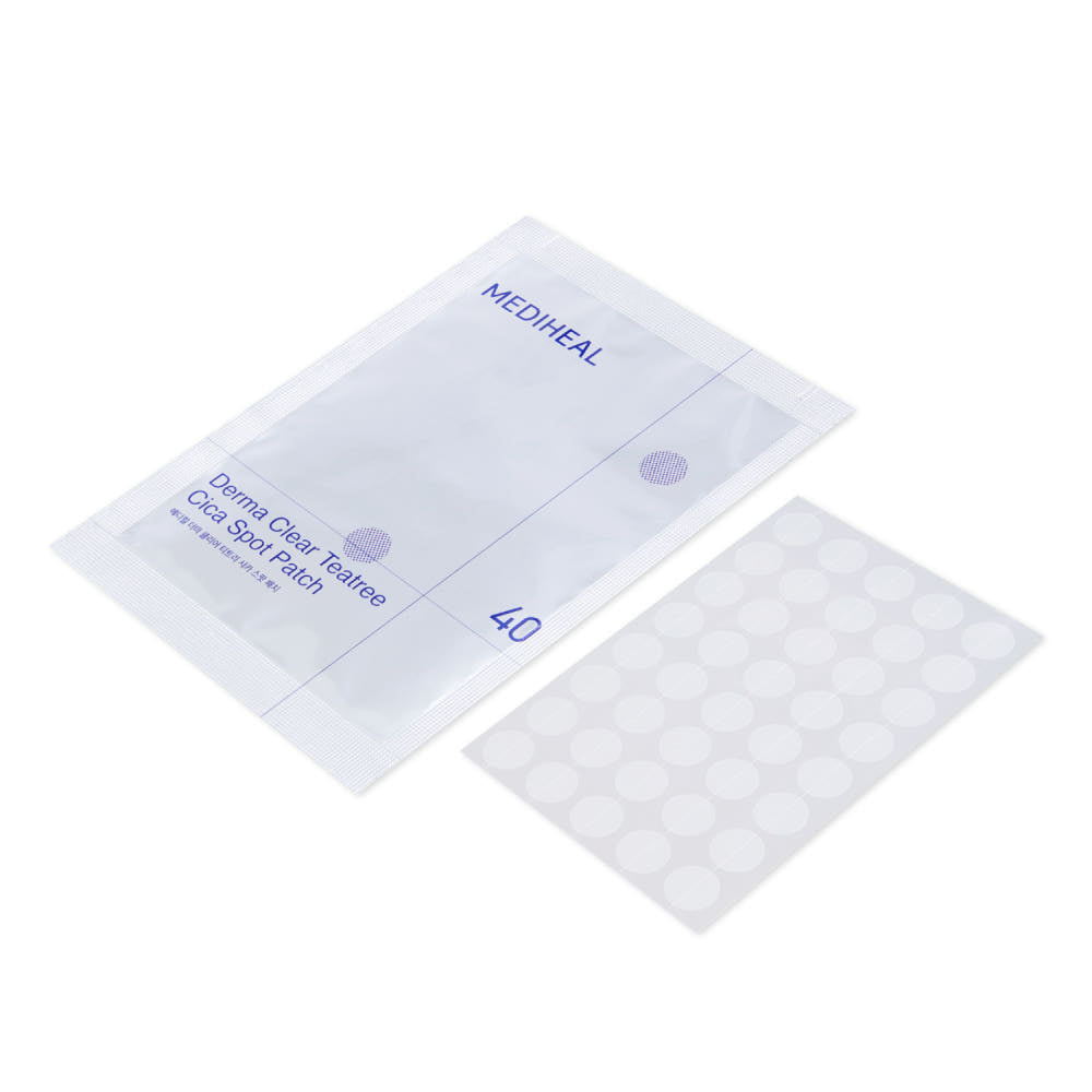 ProtoClinical k-beauty MEDIHEAL Derma Clear Teatree Cica Spot Patch 160ea single dark blue patch package centered upright on a pale blue background