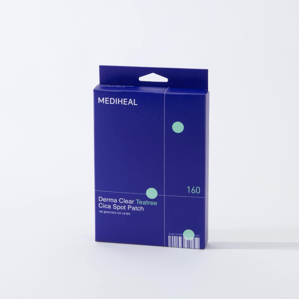 ProtoClinical k-beauty MEDIHEAL Derma Clear Teatree Cica Spot Patch 160ea single dark blue patch package centered upright on a pale blue background