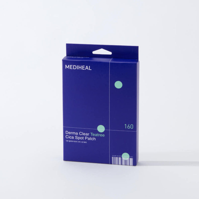 ProtoClinical k-beauty MEDIHEAL Derma Clear Teatree Cica Spot Patch 160ea single dark blue patch package centered upright on a pale blue background