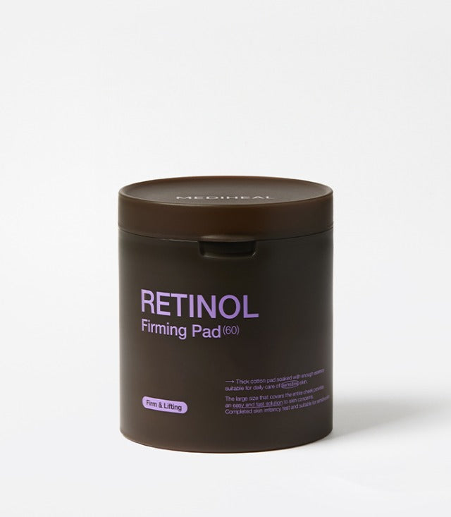 ProtoClinical k-beauty MEDIHEAL Retinol Firming Pad 250ml/60ea single dark brown round pad jar centered on a white background