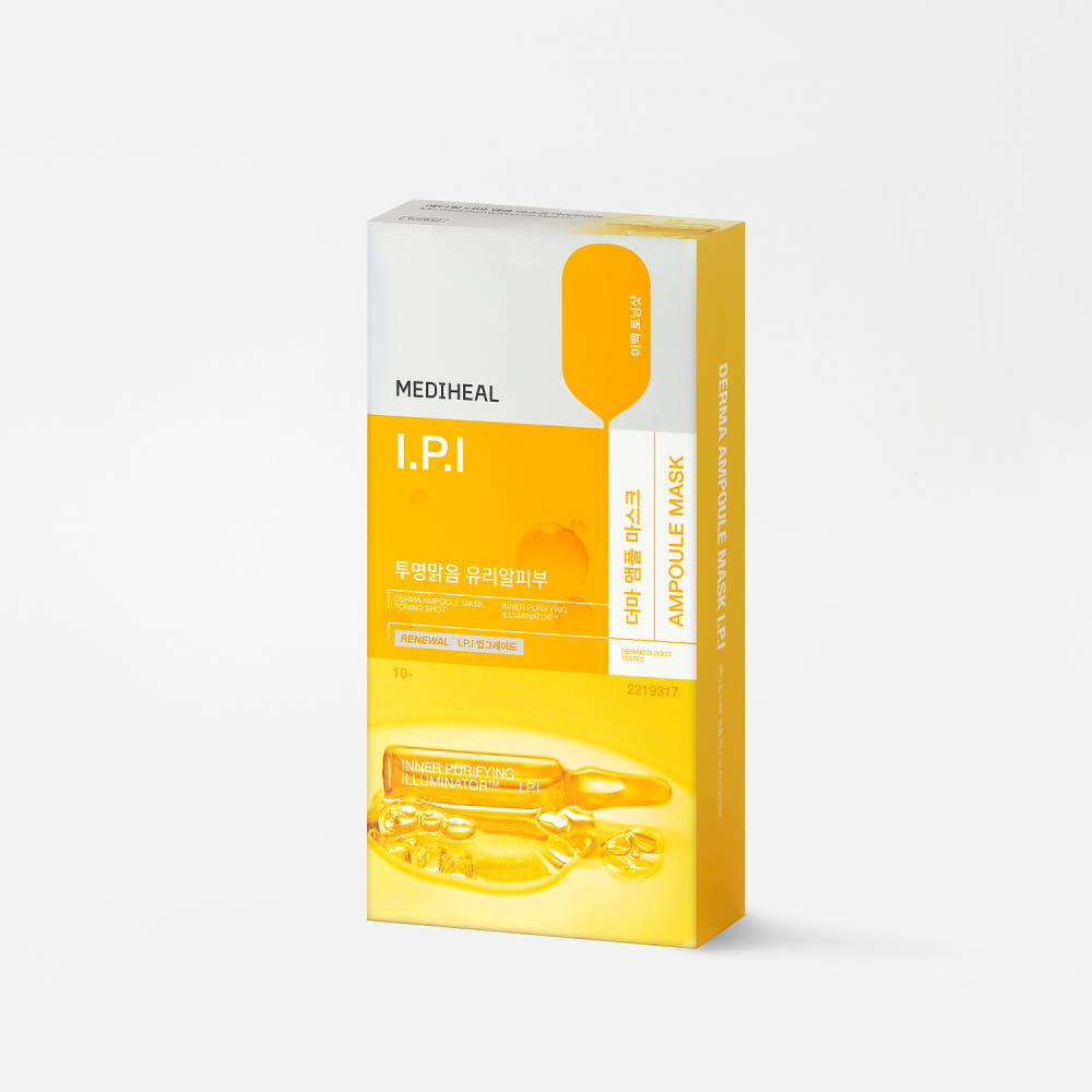 ProtoClinical k-beauty MEDIHEAL Derma Ampoule Mask I.P.I 26ml X 10ea single yellow mask pouch centered upright on a pale blue background