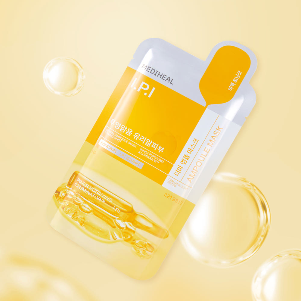 ProtoClinical k-beauty MEDIHEAL Derma Ampoule Mask I.P.I 26ml X 10ea single yellow mask pouch centered upright on a pale blue background