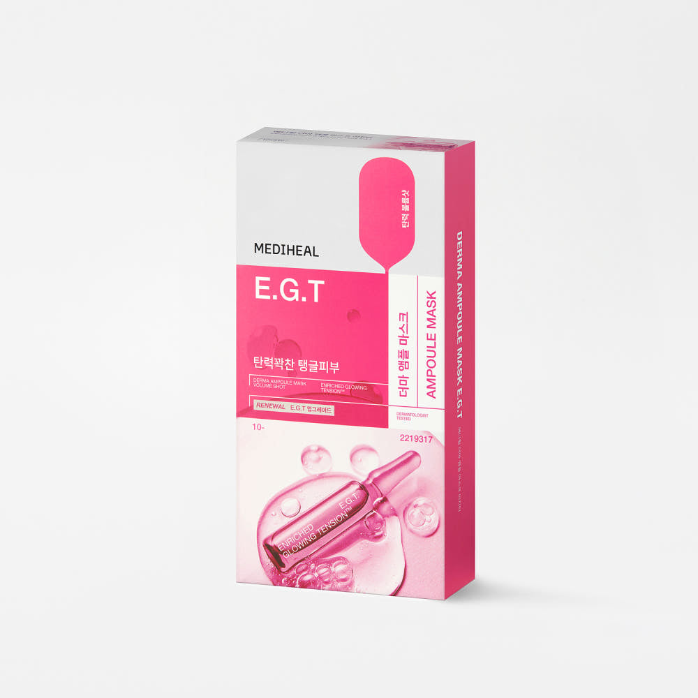 ProtoClinical k-beauty MEDIHEAL Derma Ampoule Mask E.G.T 26ml X 10ea single pink mask pouch centered upright on a pale aqua background
