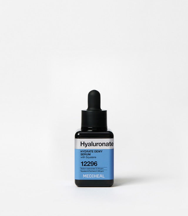 ProtoClinical k-beauty MEDIHEAL Hyaluronate Hydrate Dewy Serum 40ml single upright blue serum bottle centered on a pale background with soft yellow side accents
