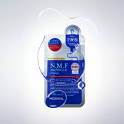 ProtoClinical k-beauty MEDIHEAL The N.M.F Ampoule Mask Original 27ml X 10ea single blue sheet mask packet with clear water bubbles on a light gray background