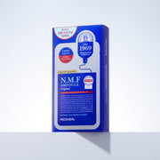 ProtoClinical k-beauty MEDIHEAL The N.M.F Ampoule Mask Original 27ml X 10ea upright blue box packaging on a light gray surface with a long shadow