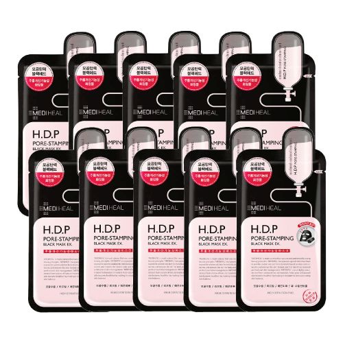 ProtoClinical k-beauty MEDIHEAL H.D.P Pore-Stamping Black Mask 24ml X 10ea single dark sheet mask package standing upright on a light background